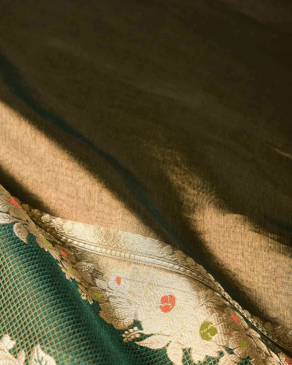 Metallic Green Brocade Woven Tissue Banarasi Saree with Floral Border-HolyWeaves