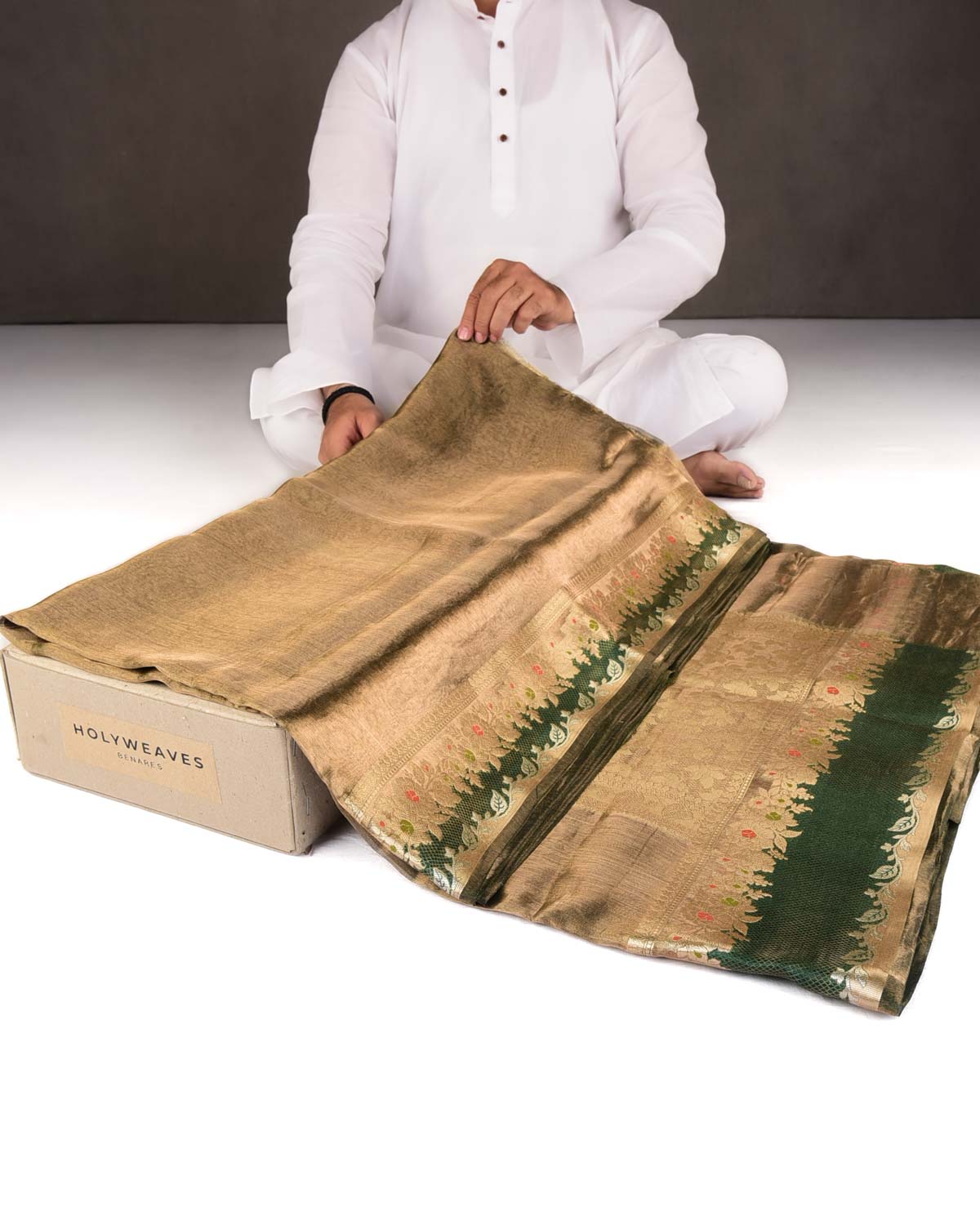 Metallic Green Brocade Woven Tissue Banarasi Saree with Floral Border-HolyWeaves