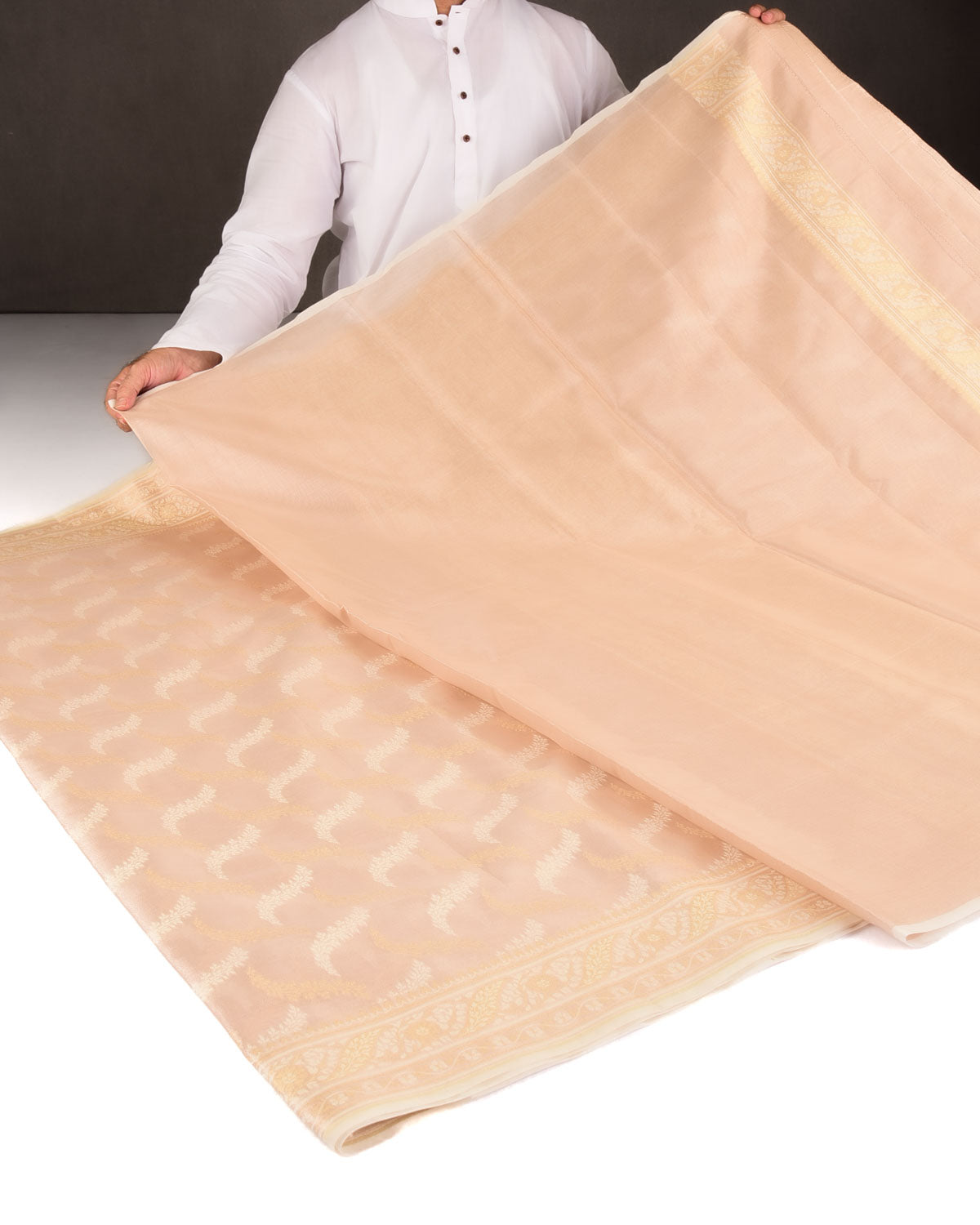 Metallic Beige Gold Zari And White Resham Jaal Cutwork Brocade Woven Art Cotton Tissue Banarasi Saree-HolyWeaves