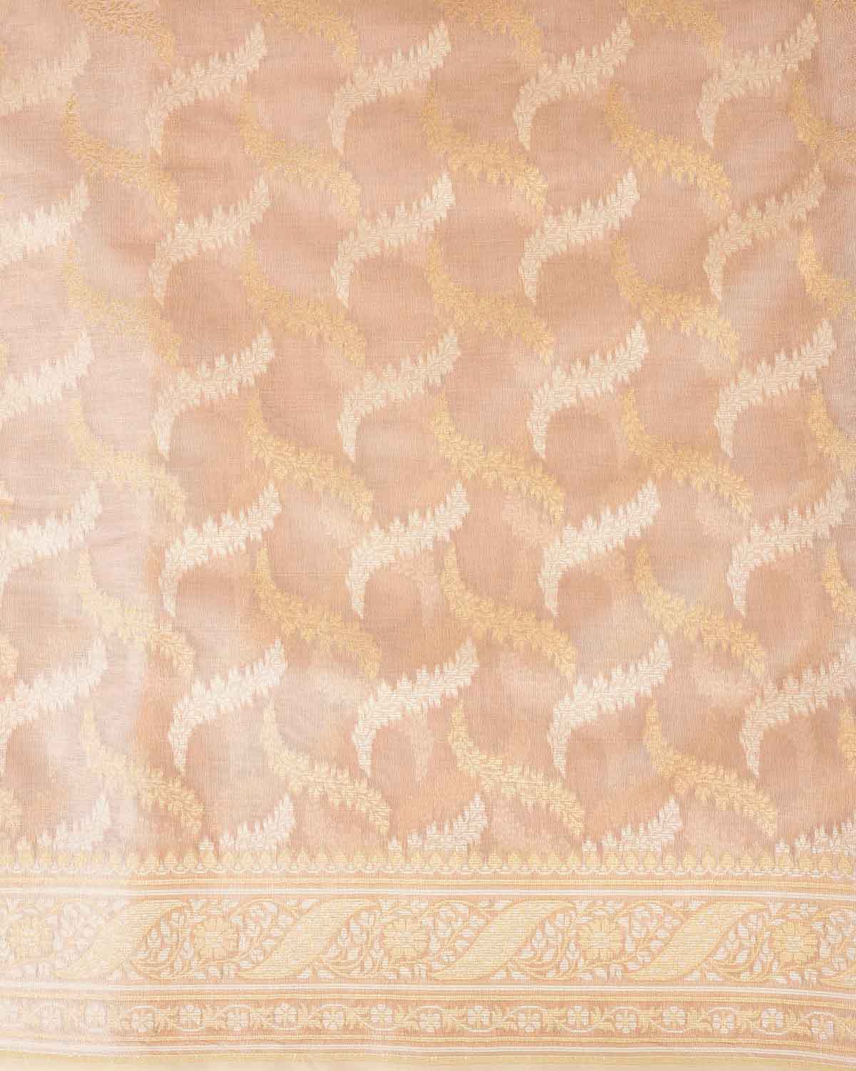 Metallic Beige Gold Zari And White Resham Jaal Cutwork Brocade Woven Art Cotton Tissue Banarasi Saree-HolyWeaves
