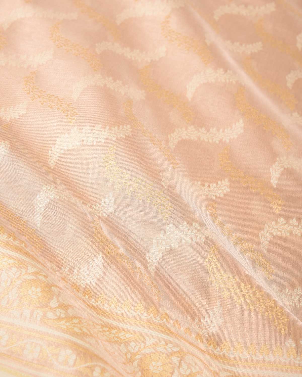 Metallic Beige Gold Zari And White Resham Jaal Cutwork Brocade Woven Art Cotton Tissue Banarasi Saree-HolyWeaves
