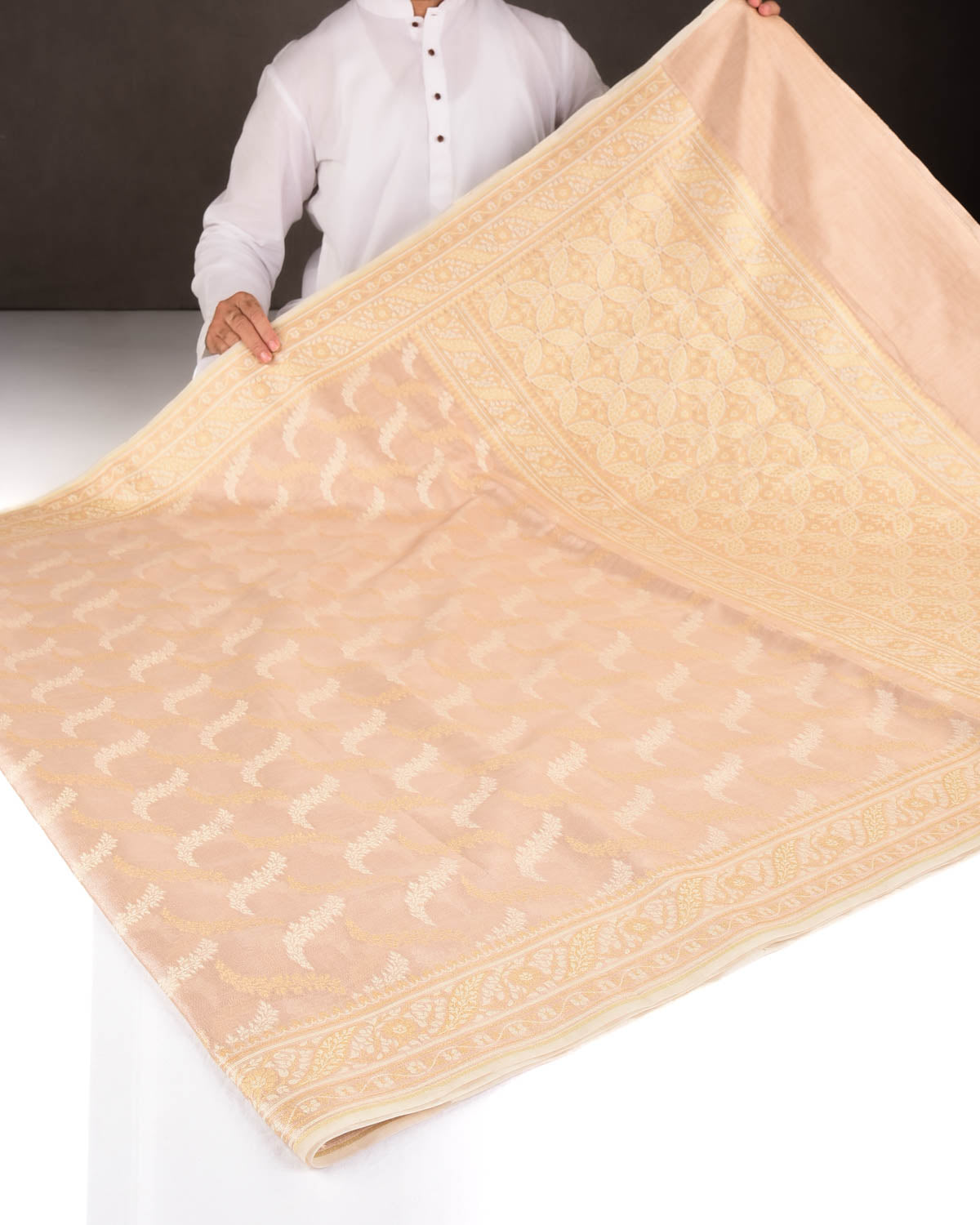 Metallic Beige Gold Zari And White Resham Jaal Cutwork Brocade Woven Art Cotton Tissue Banarasi Saree-HolyWeaves