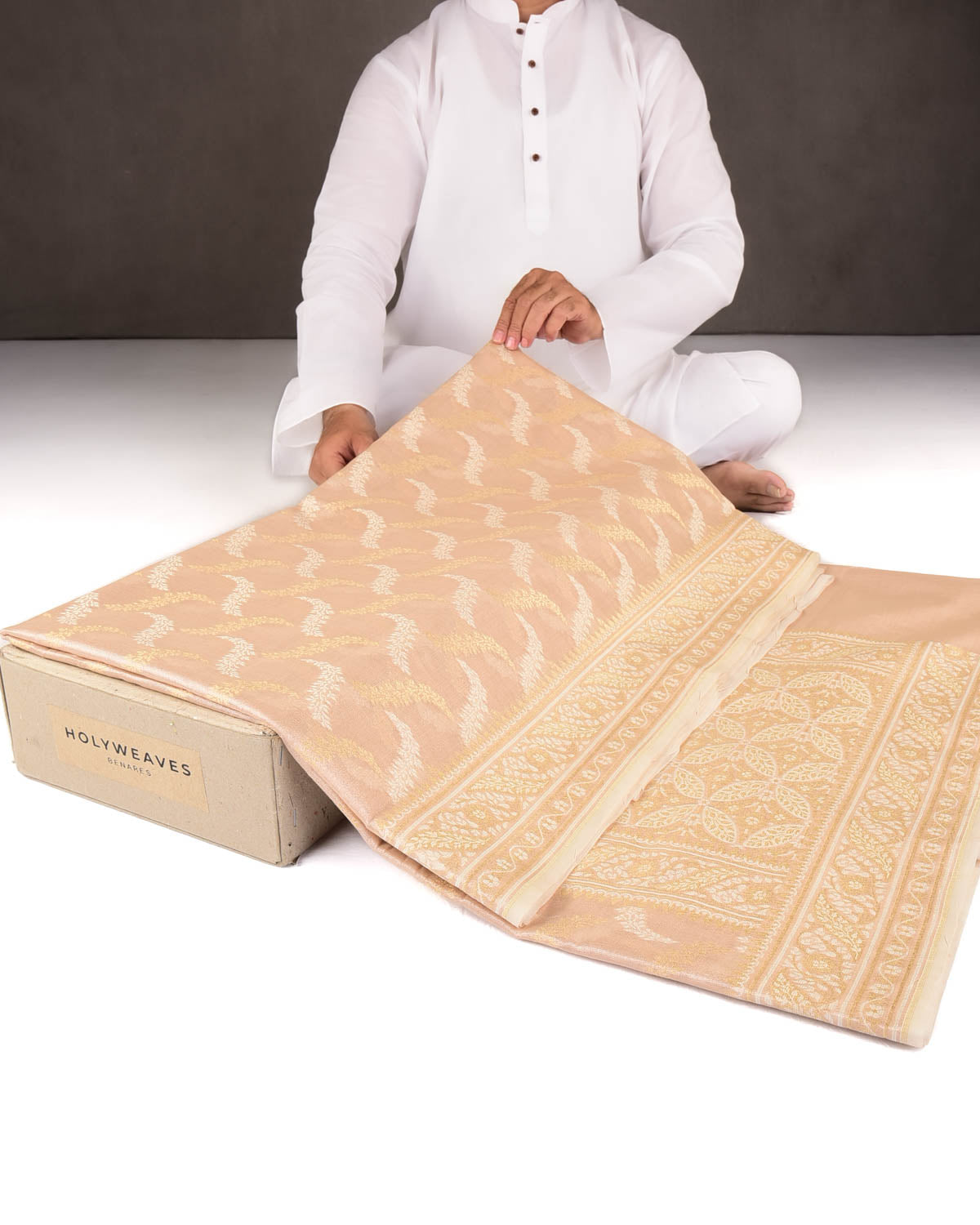 Metallic Beige Gold Zari And White Resham Jaal Cutwork Brocade Woven Art Cotton Tissue Banarasi Saree-HolyWeaves