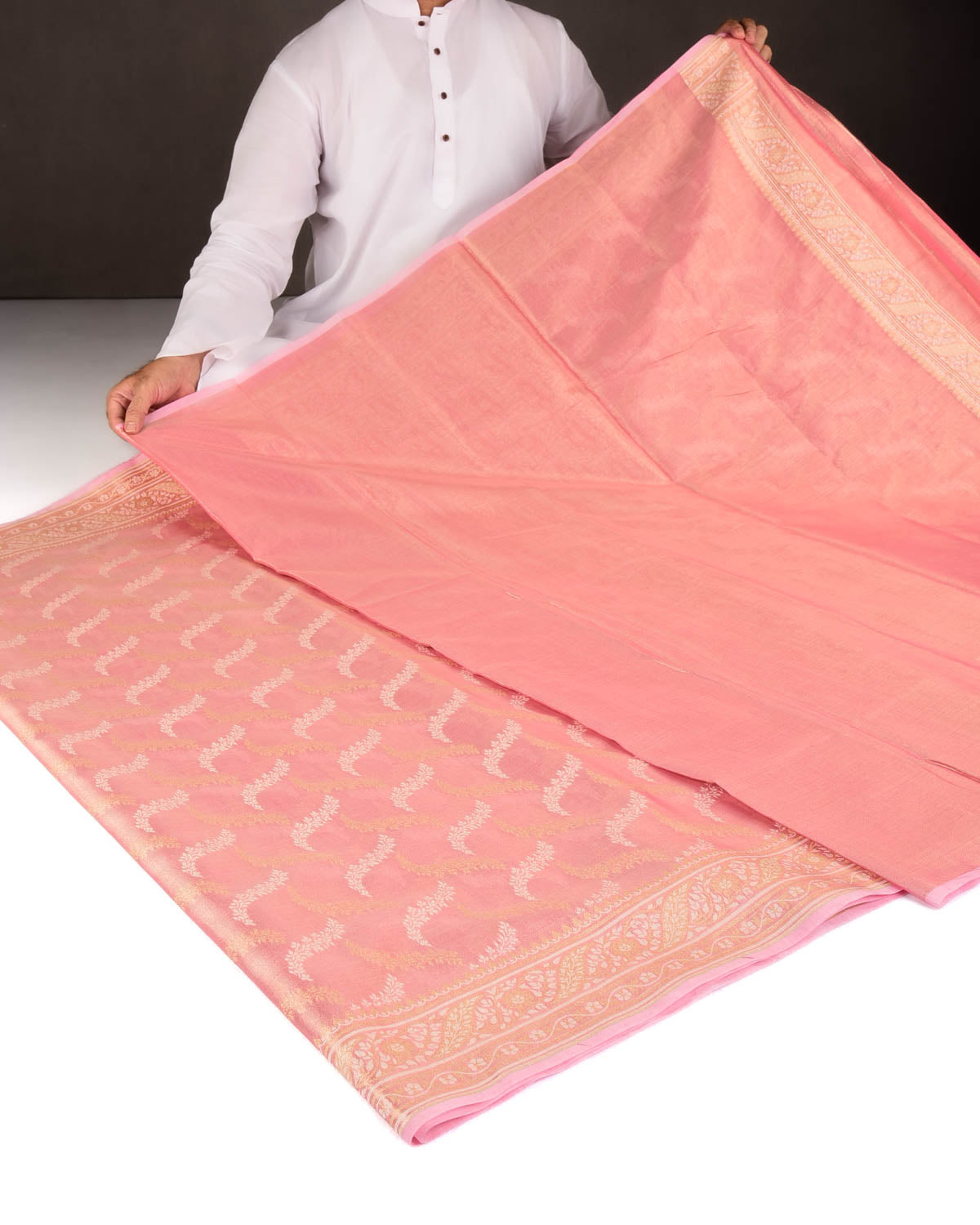 Metallic Pink Gold Zari And White Resham Jaal Cutwork Brocade Woven Art Cotton Tissue Banarasi Saree-HolyWeaves