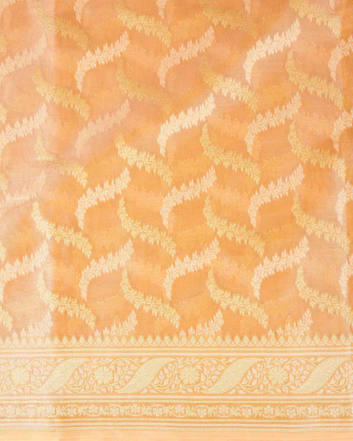 Metallic Yellow Gold Zari And White Resham Jaal Cutwork Brocade Woven Art Cotton Tissue Banarasi Saree-HolyWeaves