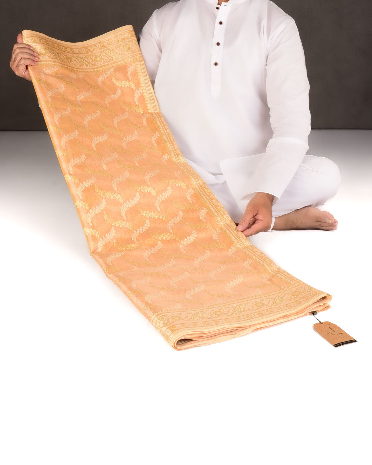 Metallic Yellow Gold Zari And White Resham Jaal Cutwork Brocade Woven Art Cotton Tissue Banarasi Saree-HolyWeaves