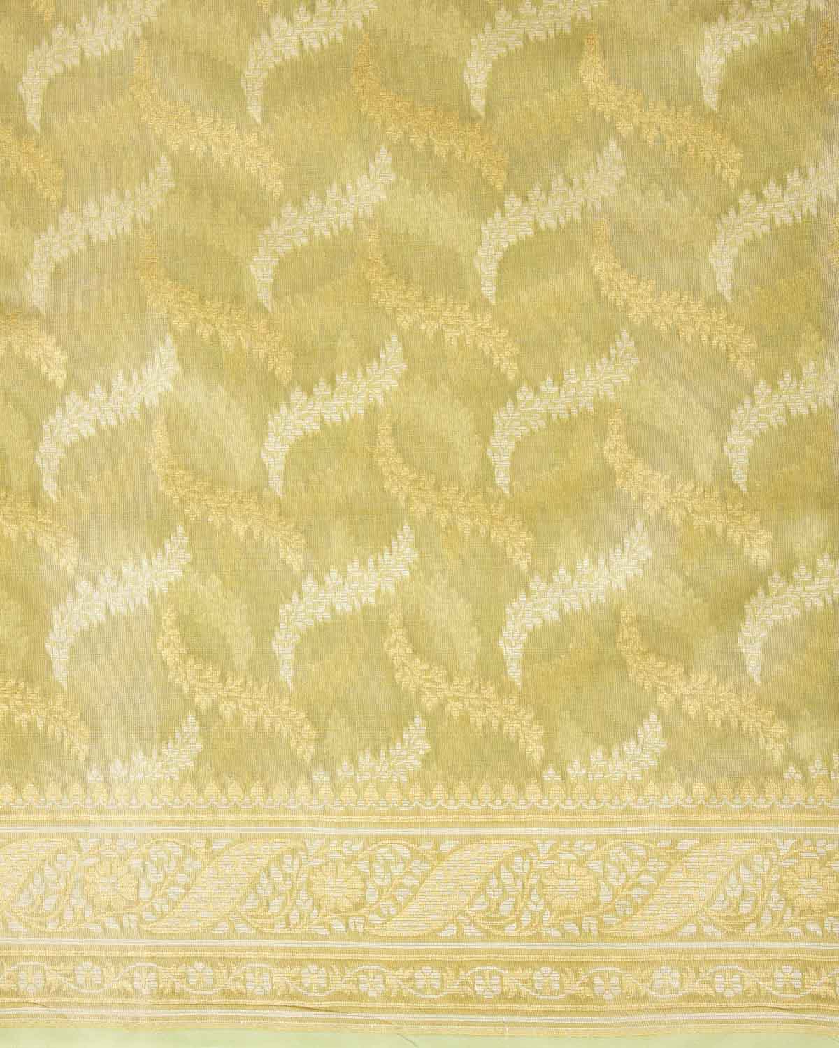 Metallic Green Gold Zari And White Resham Jaal Cutwork Brocade Woven Art Cotton Tissue Banarasi Saree