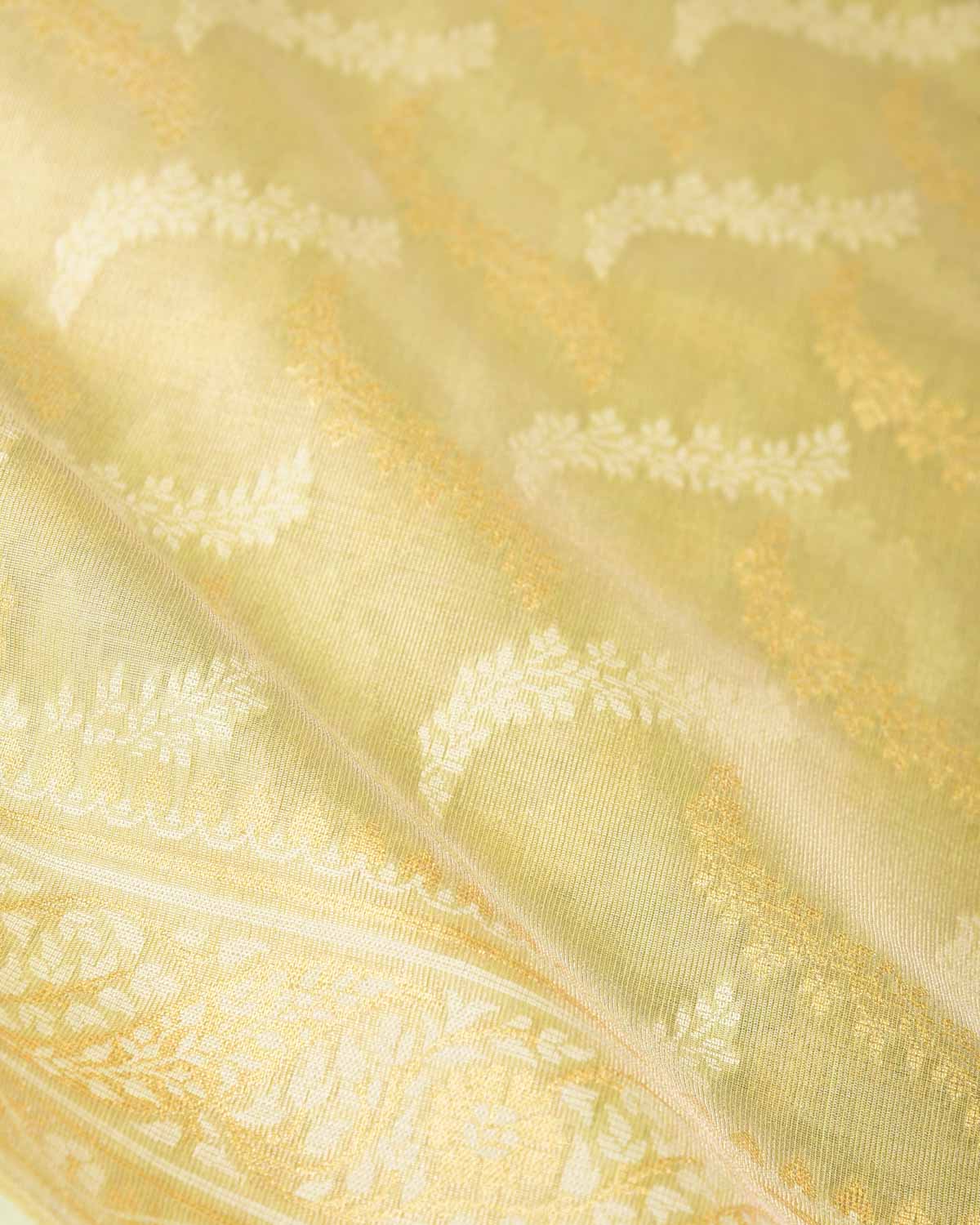 Metallic Green Gold Zari And White Resham Jaal Cutwork Brocade Woven Art Cotton Tissue Banarasi Saree