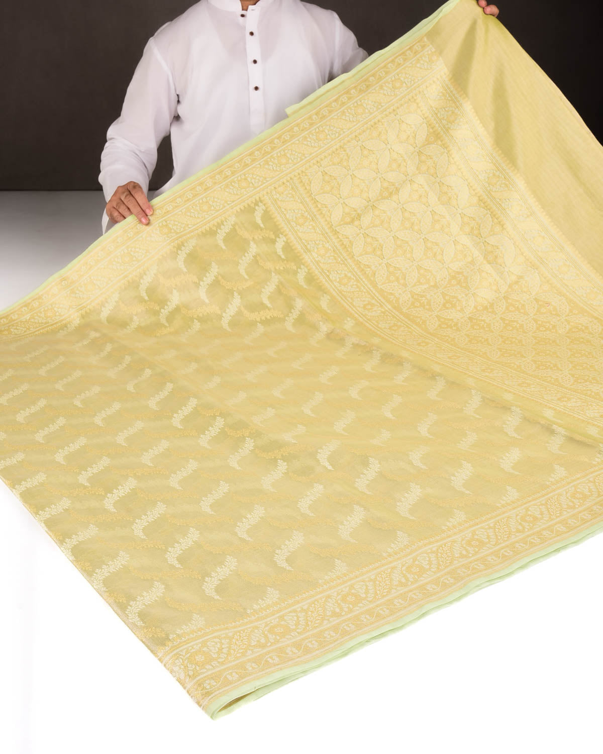 Metallic Green Gold Zari And White Resham Jaal Cutwork Brocade Woven Art Cotton Tissue Banarasi Saree
