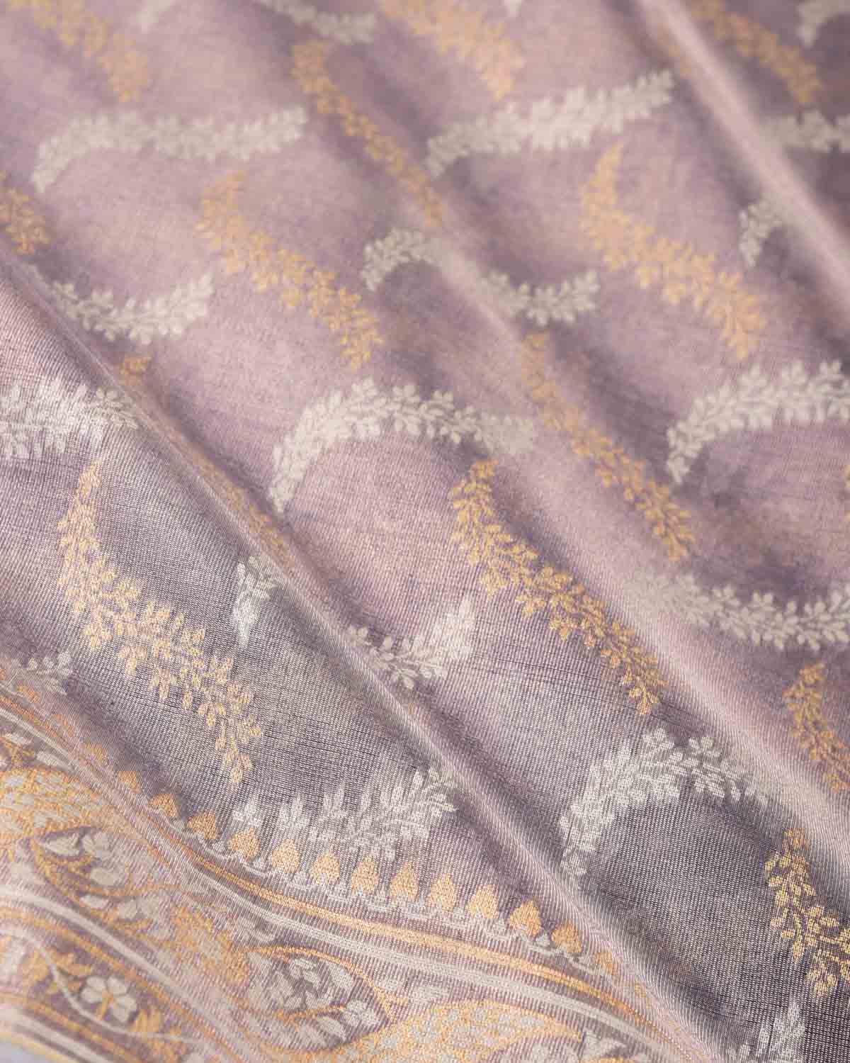 Metallic Blue-Gray Gold Zari And White Resham Jaal Cutwork Brocade Woven Art Cotton Tissue Banarasi Saree