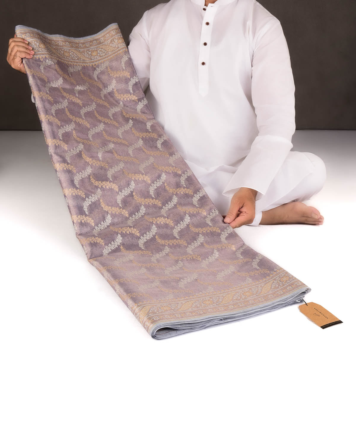 Metallic Blue-Gray Gold Zari And White Resham Jaal Cutwork Brocade Woven Art Cotton Tissue Banarasi Saree