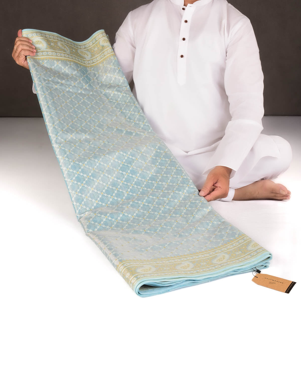 Metallic Ferozi Gold Zari And White Resham Jaal Cutwork Brocade Woven Art Cotton Tissue Banarasi Saree