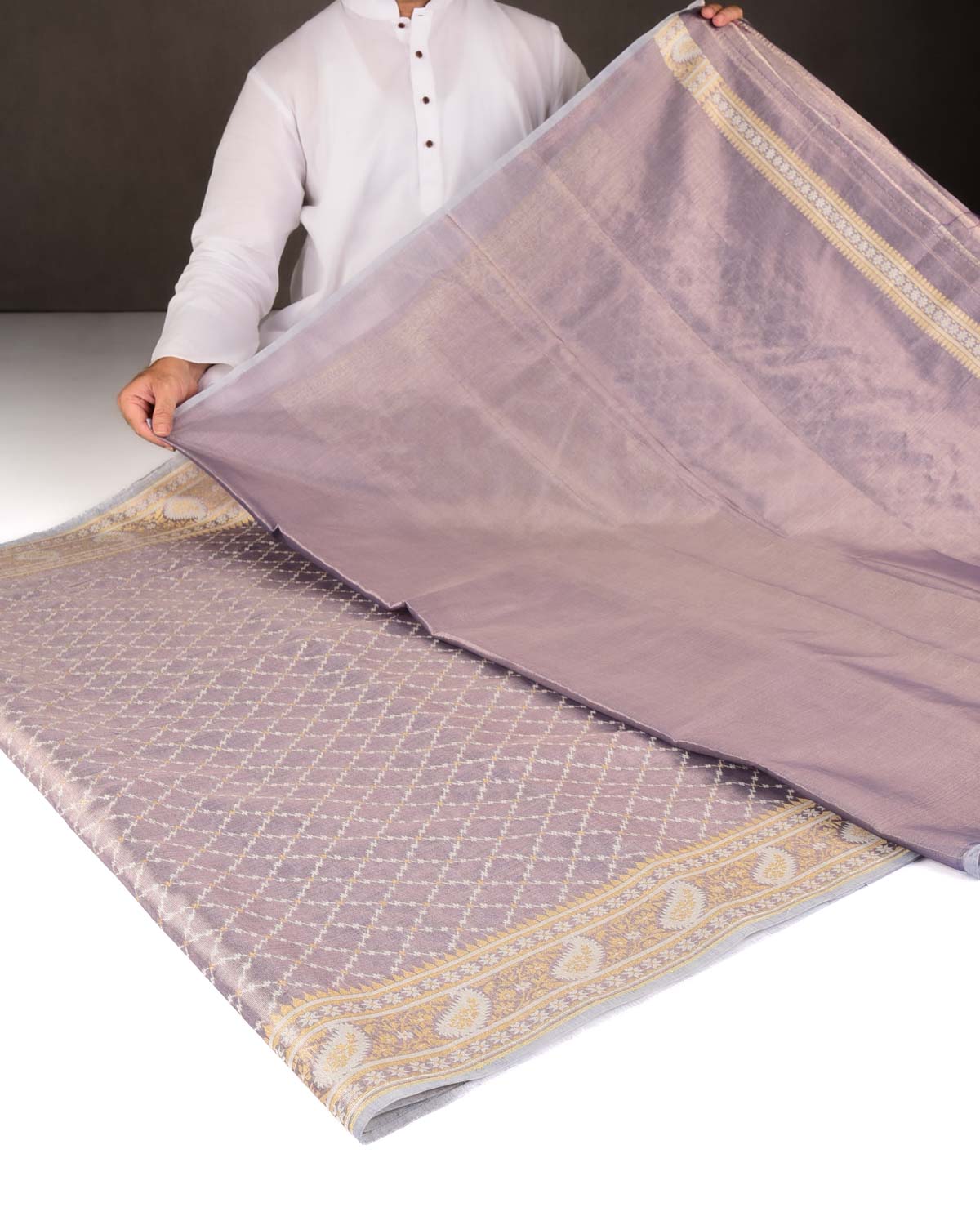 Metallic Blue-Gray Gold Zari And White Resham Jaal Cutwork Brocade Woven Art Cotton Tissue Banarasi Saree