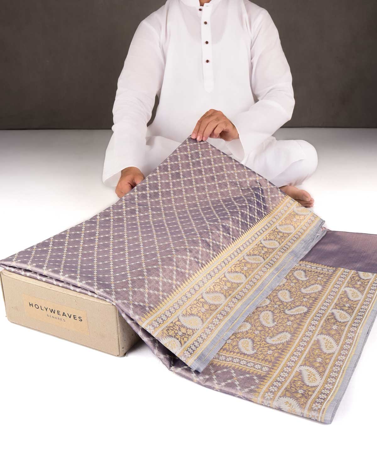 Metallic Blue-Gray Gold Zari And White Resham Jaal Cutwork Brocade Woven Art Cotton Tissue Banarasi Saree