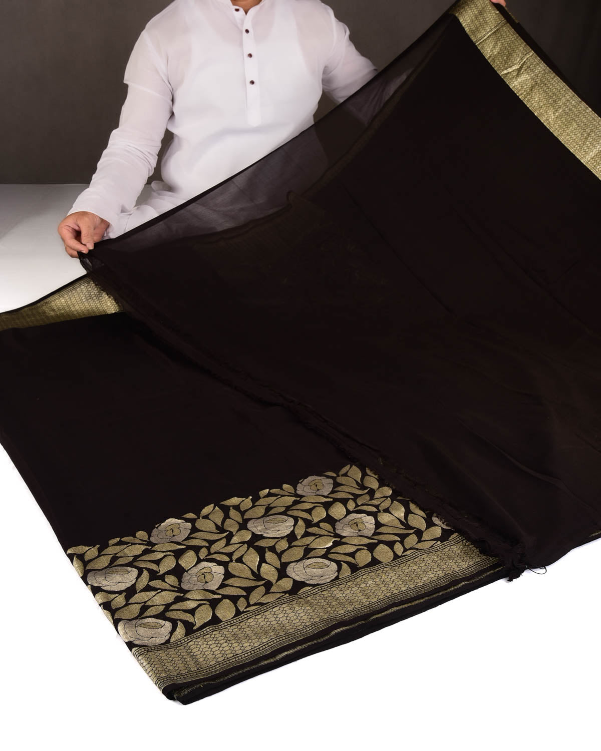 Black Gold & Silver Zari Gulab Bel Kadhuan Brocade Handwoven Khaddi Georgette Banarasi Saree-HolyWeaves