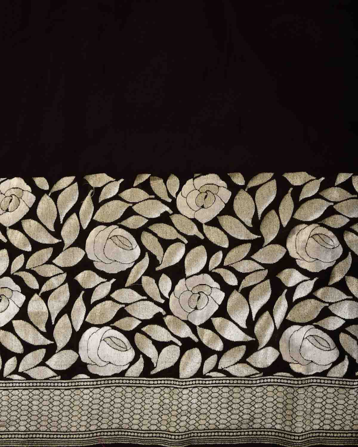 Black Gold & Silver Zari Gulab Bel Kadhuan Brocade Handwoven Khaddi Georgette Banarasi Saree-HolyWeaves