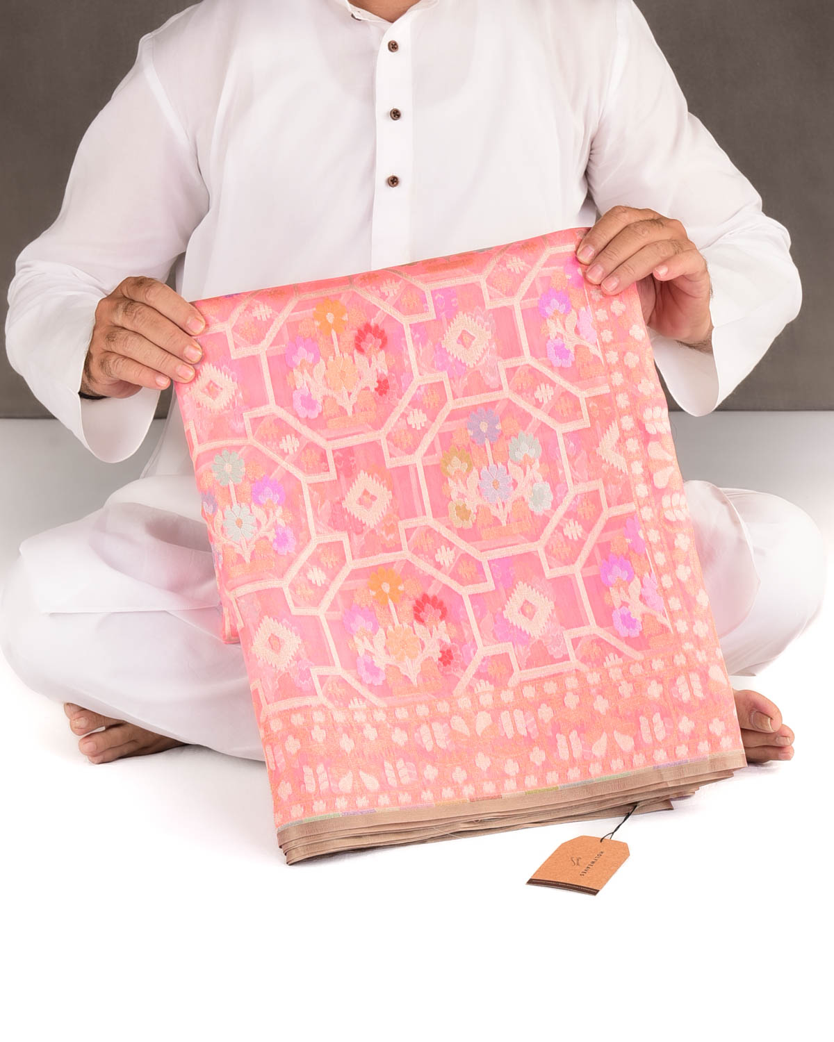 Pink Gold & Silver Zari and Resham Meenekari Cutwork Brocade Handwoven Kora Silk Banarasi Saree
