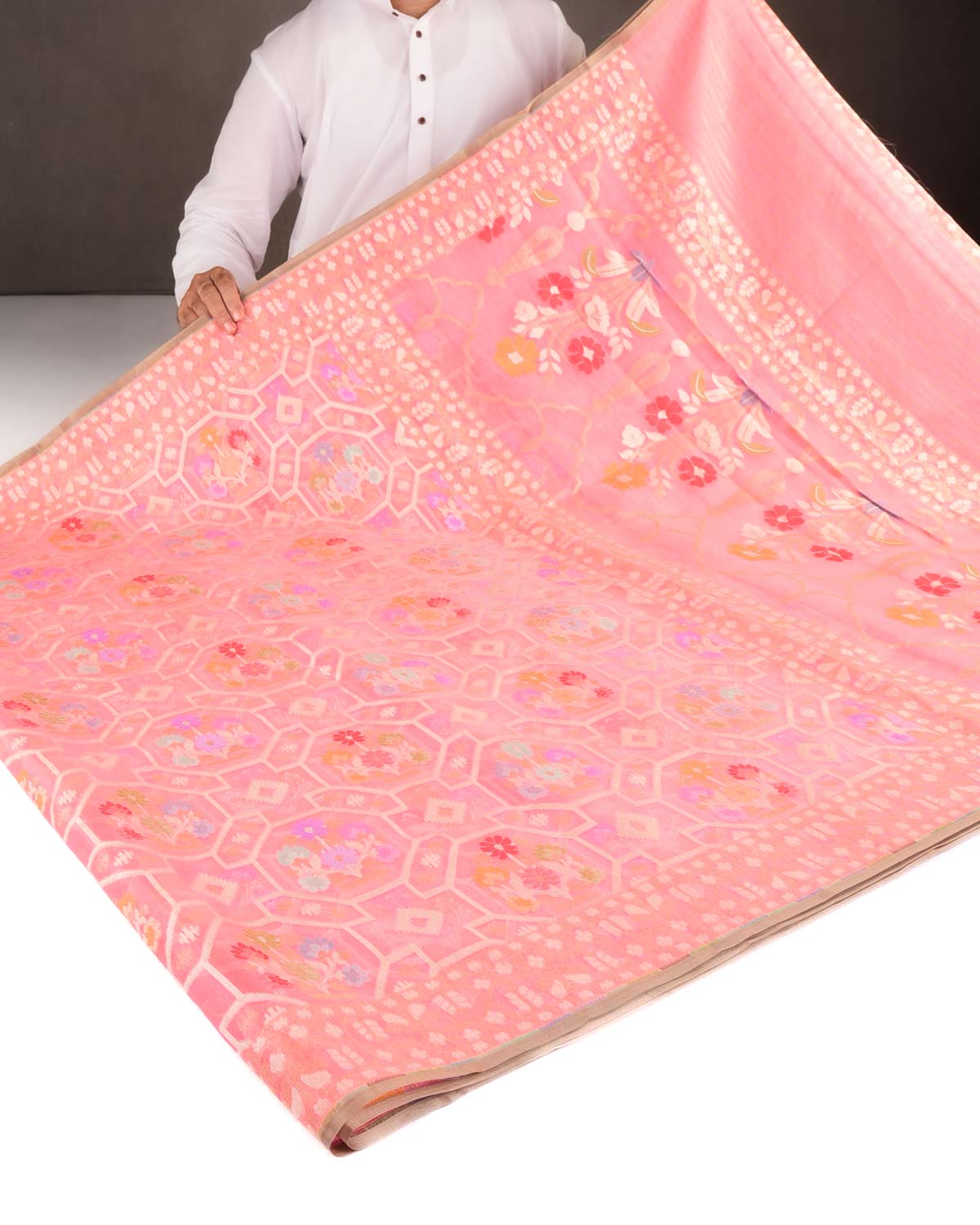 Pink Gold & Silver Zari and Resham Meenekari Cutwork Brocade Handwoven Kora Silk Banarasi Saree