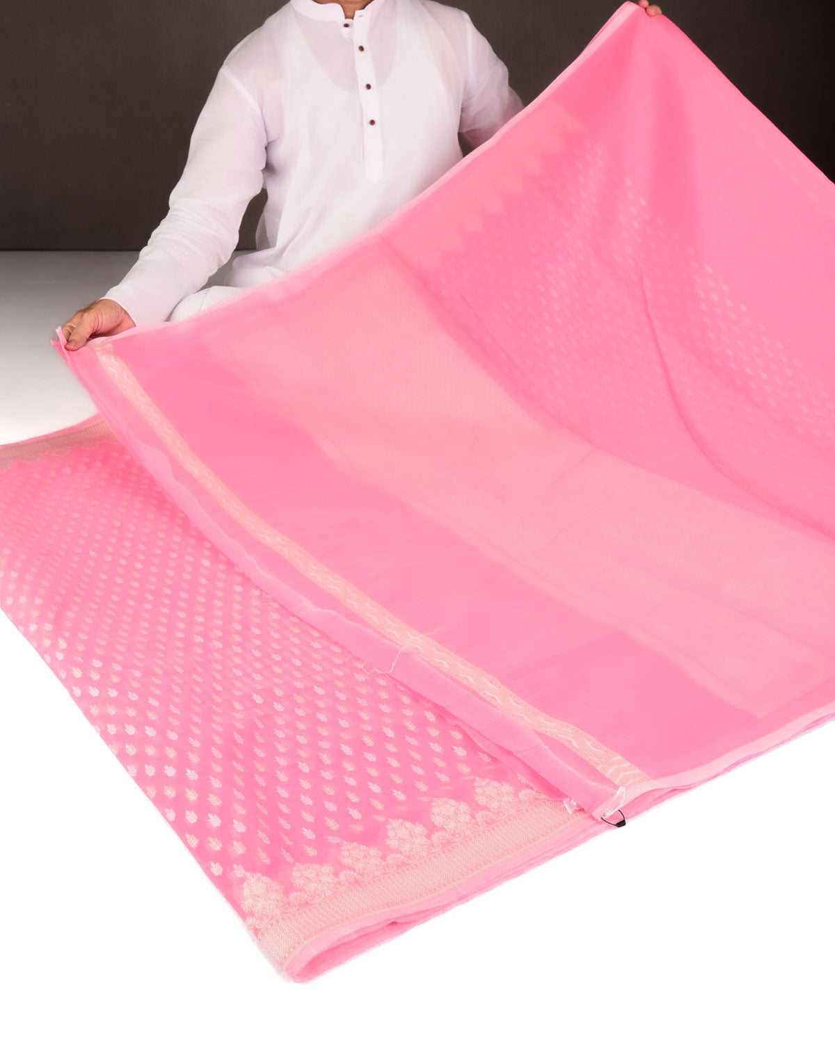 Pink Zari & Resham Buti Cutwork Brocade Woven Art Cotton Silk Banarasi Saree-HolyWeaves