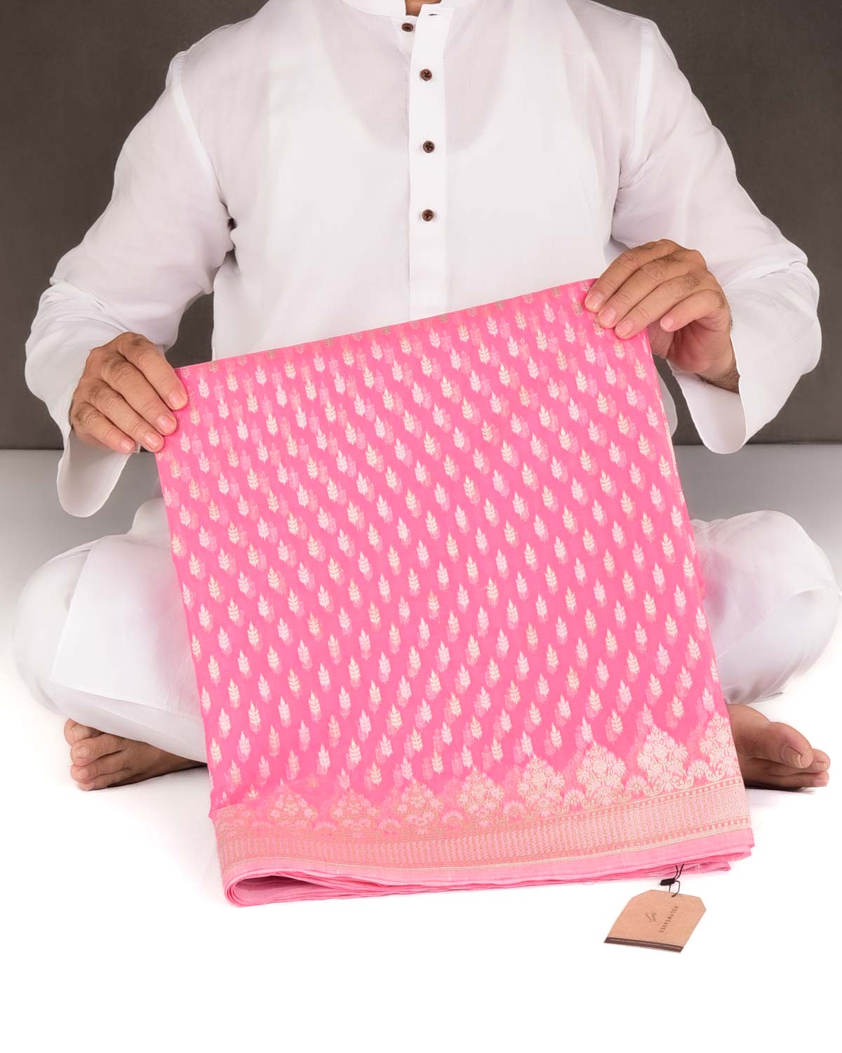 Pink Zari & Resham Buti Cutwork Brocade Woven Art Cotton Silk Banarasi Saree-HolyWeaves