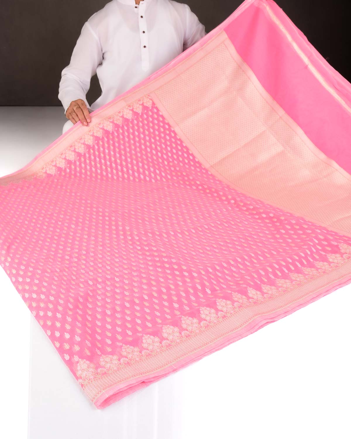 Pink Zari & Resham Buti Cutwork Brocade Woven Art Cotton Silk Banarasi Saree-HolyWeaves