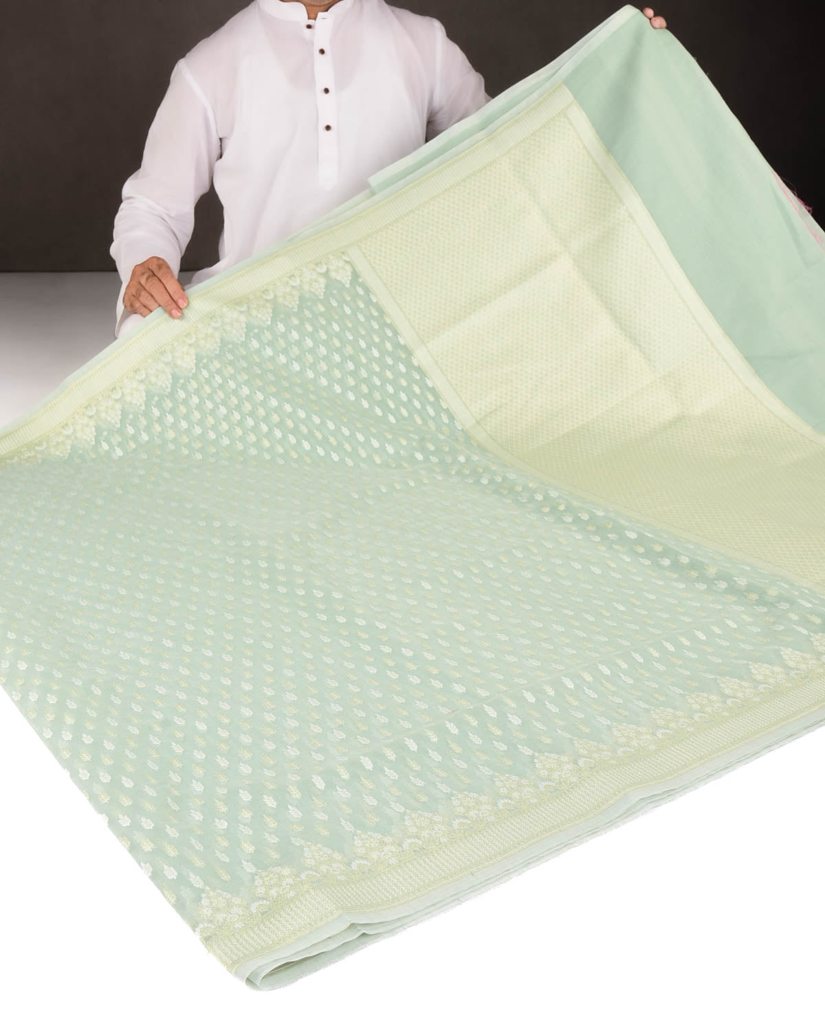 Tiffany Blue Zari & Resham Buti Cutwork Brocade Woven Art Cotton Silk Banarasi Saree-HolyWeaves