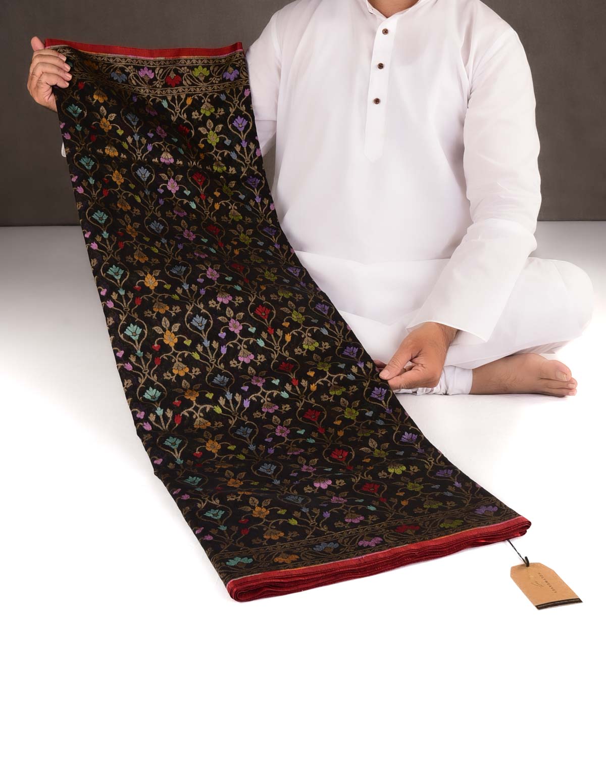 Black Krishnambari Gold Zari & Resham Cutwork Brocade Handwoven Cotton Banarasi Saree