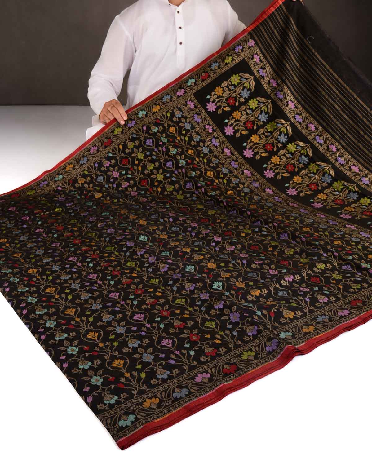 Black Krishnambari Gold Zari & Resham Cutwork Brocade Handwoven Cotton Banarasi Saree