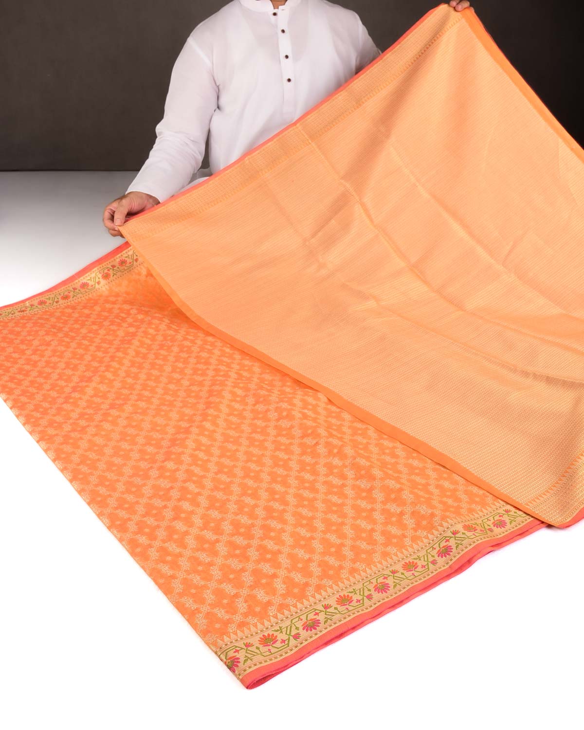 Orange Gold Zari Jaal Cutwork Brocade Woven Art Cotton Silk Banarasi Saree with Meenekari Border Pallu-HolyWeaves