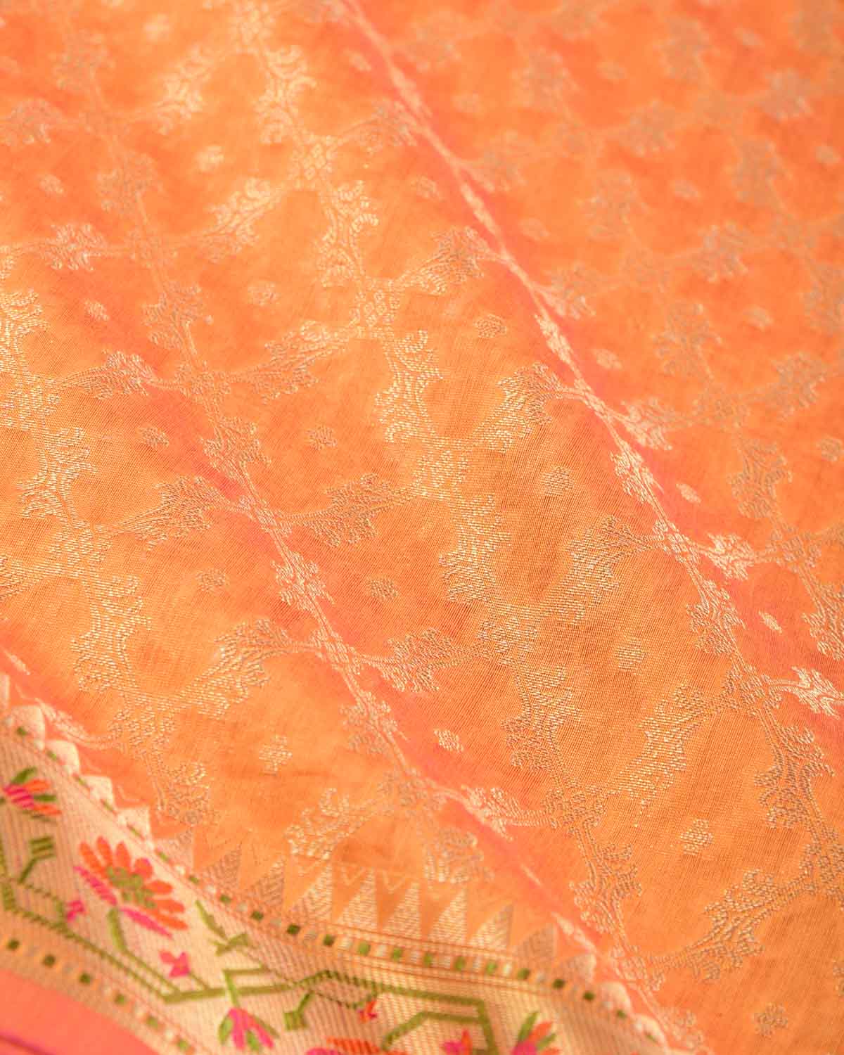Orange Gold Zari Jaal Cutwork Brocade Woven Art Cotton Silk Banarasi Saree with Meenekari Border Pallu-HolyWeaves