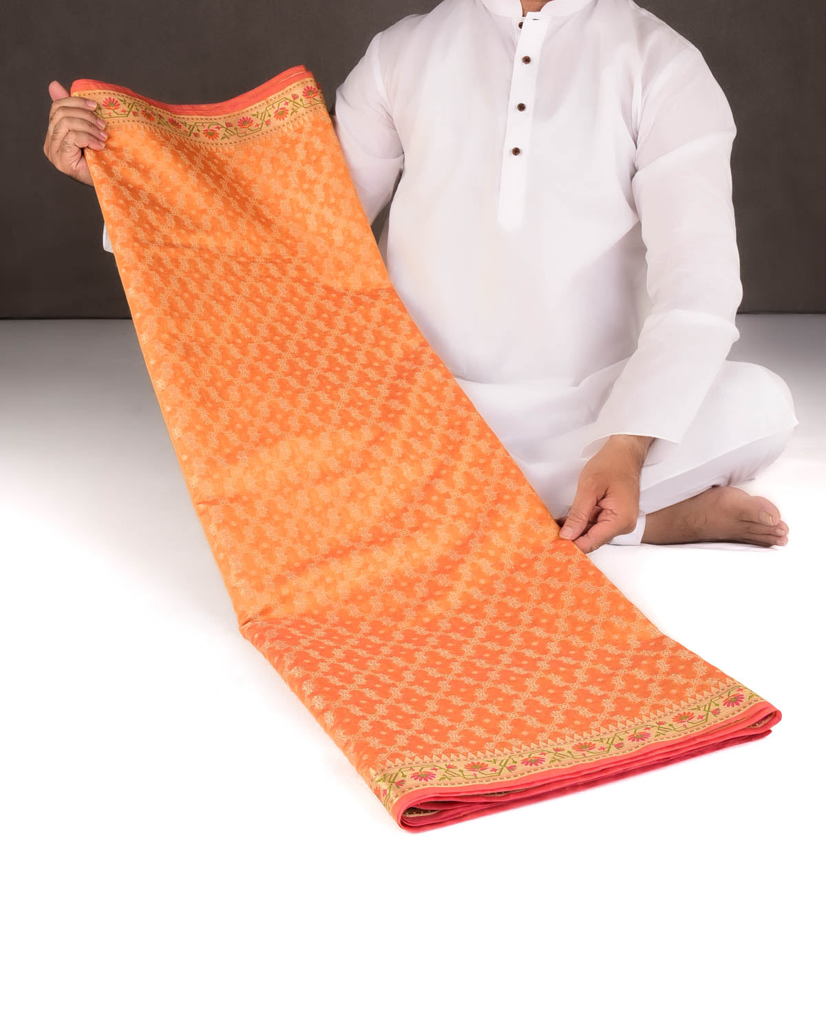 Orange Gold Zari Jaal Cutwork Brocade Woven Art Cotton Silk Banarasi Saree with Meenekari Border Pallu-HolyWeaves