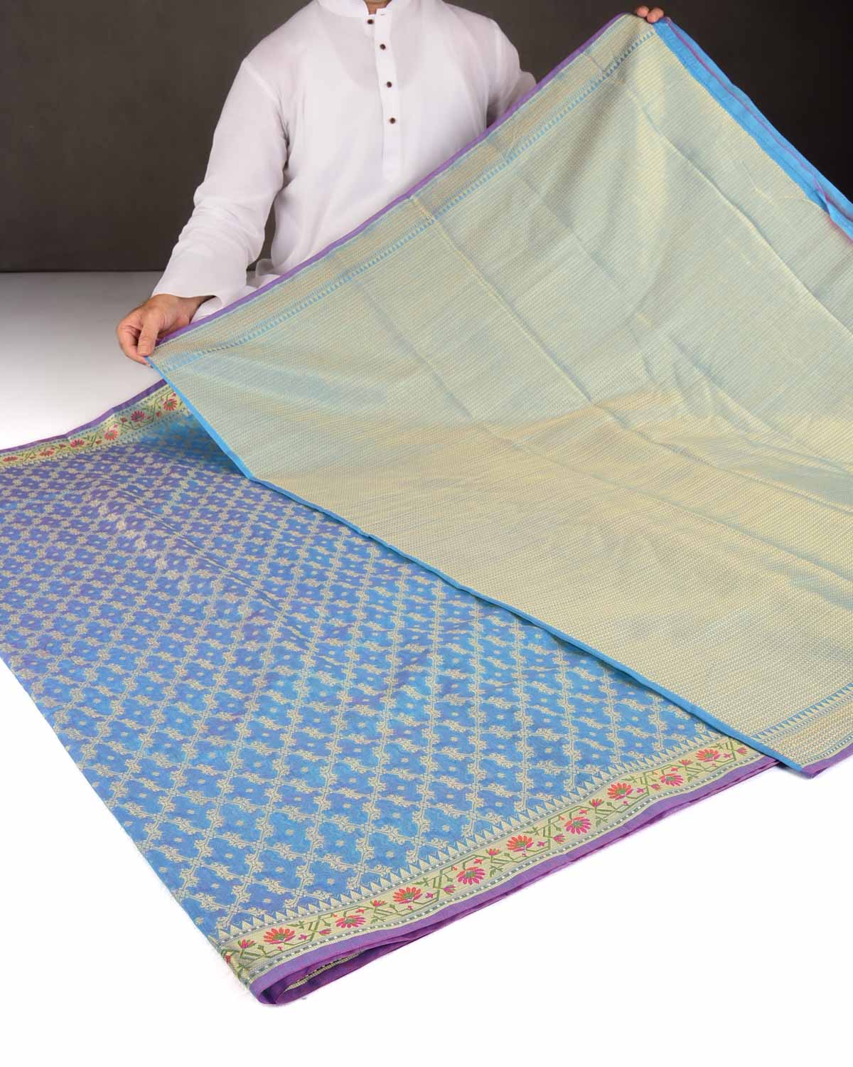 Blue Gold Zari Jaal Cutwork Brocade Woven Art Cotton Silk Banarasi Saree with Meenekari Border Pallu
