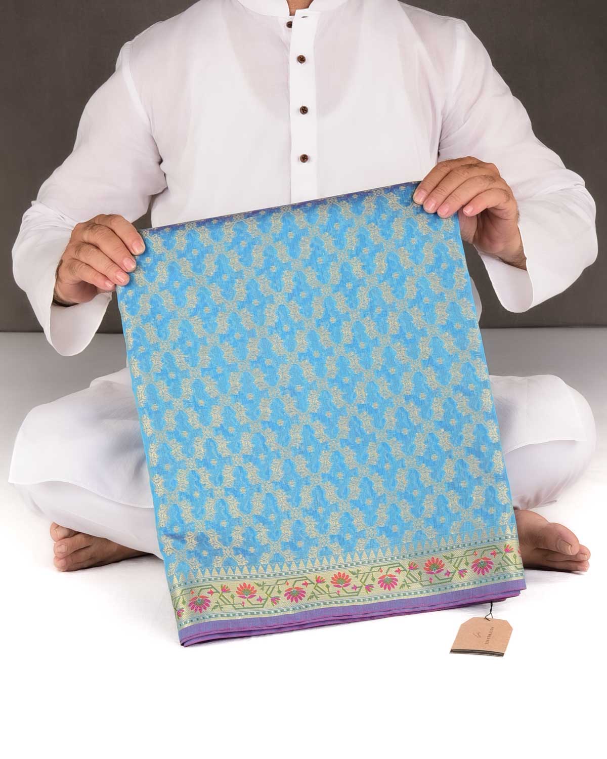 Blue Gold Zari Jaal Cutwork Brocade Woven Art Cotton Silk Banarasi Saree with Meenekari Border Pallu