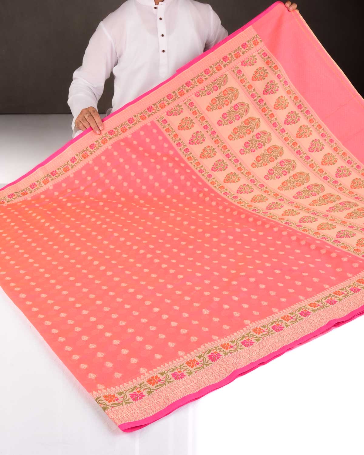 Pink Resham Buti Cutwork Brocade Woven Art Cotton Silk Banarasi Saree with Meenekari Border Pallu