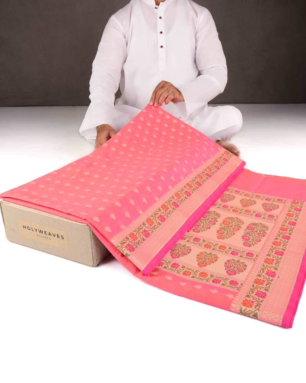Pink Resham Buti Cutwork Brocade Woven Art Cotton Silk Banarasi Saree with Meenekari Border Pallu