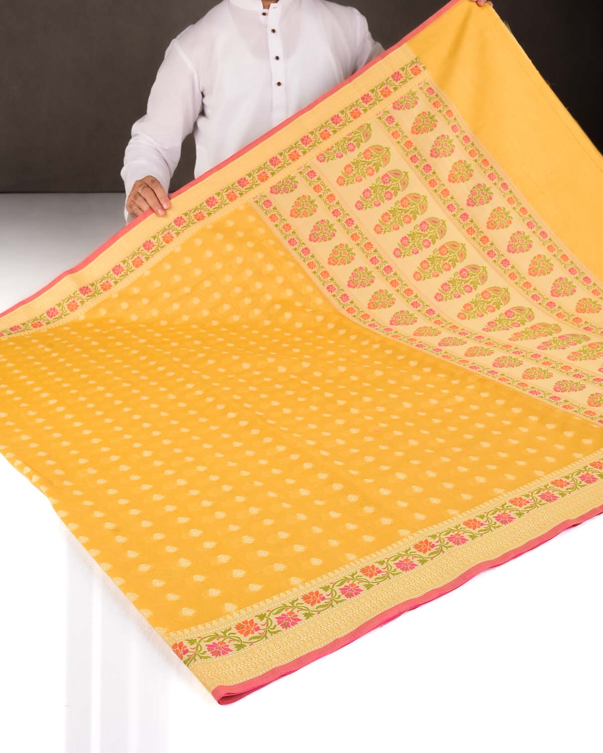 Yellow Resham Buti Cutwork Brocade Woven Art Cotton Silk Banarasi Saree with Meenekari Border Pallu-HolyWeaves