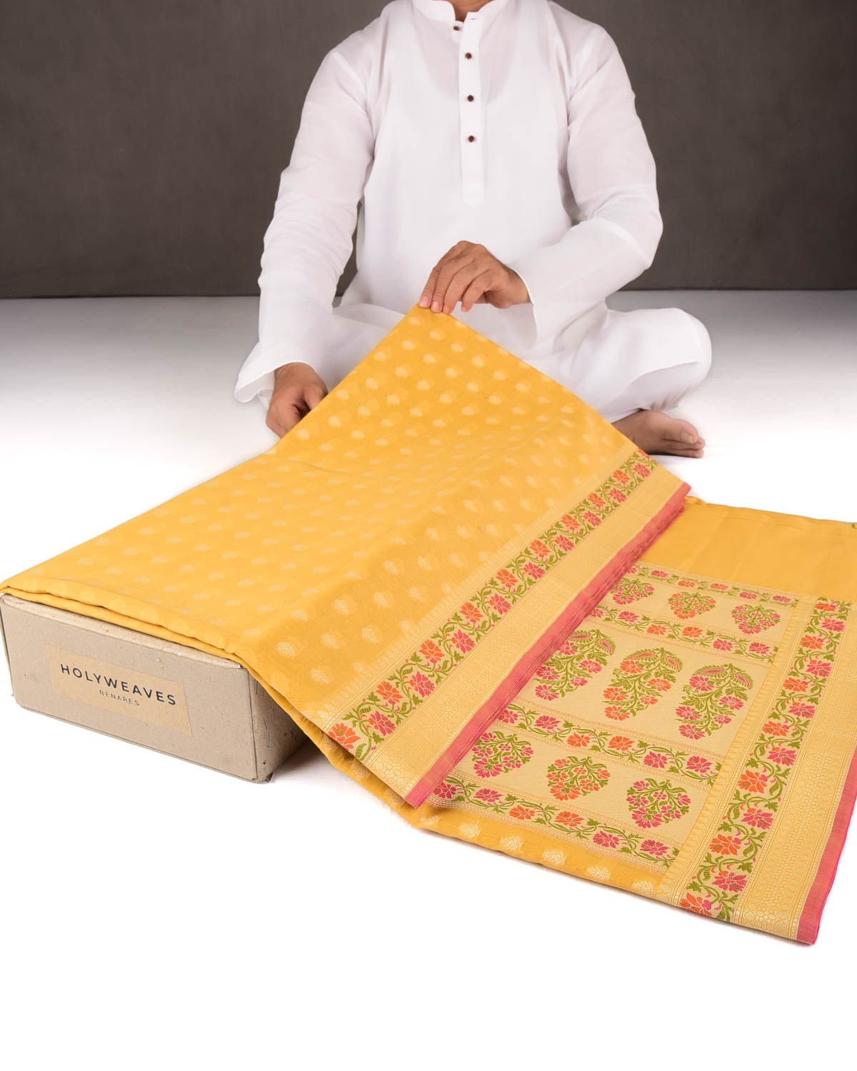 Yellow Resham Buti Cutwork Brocade Woven Art Cotton Silk Banarasi Saree with Meenekari Border Pallu-HolyWeaves