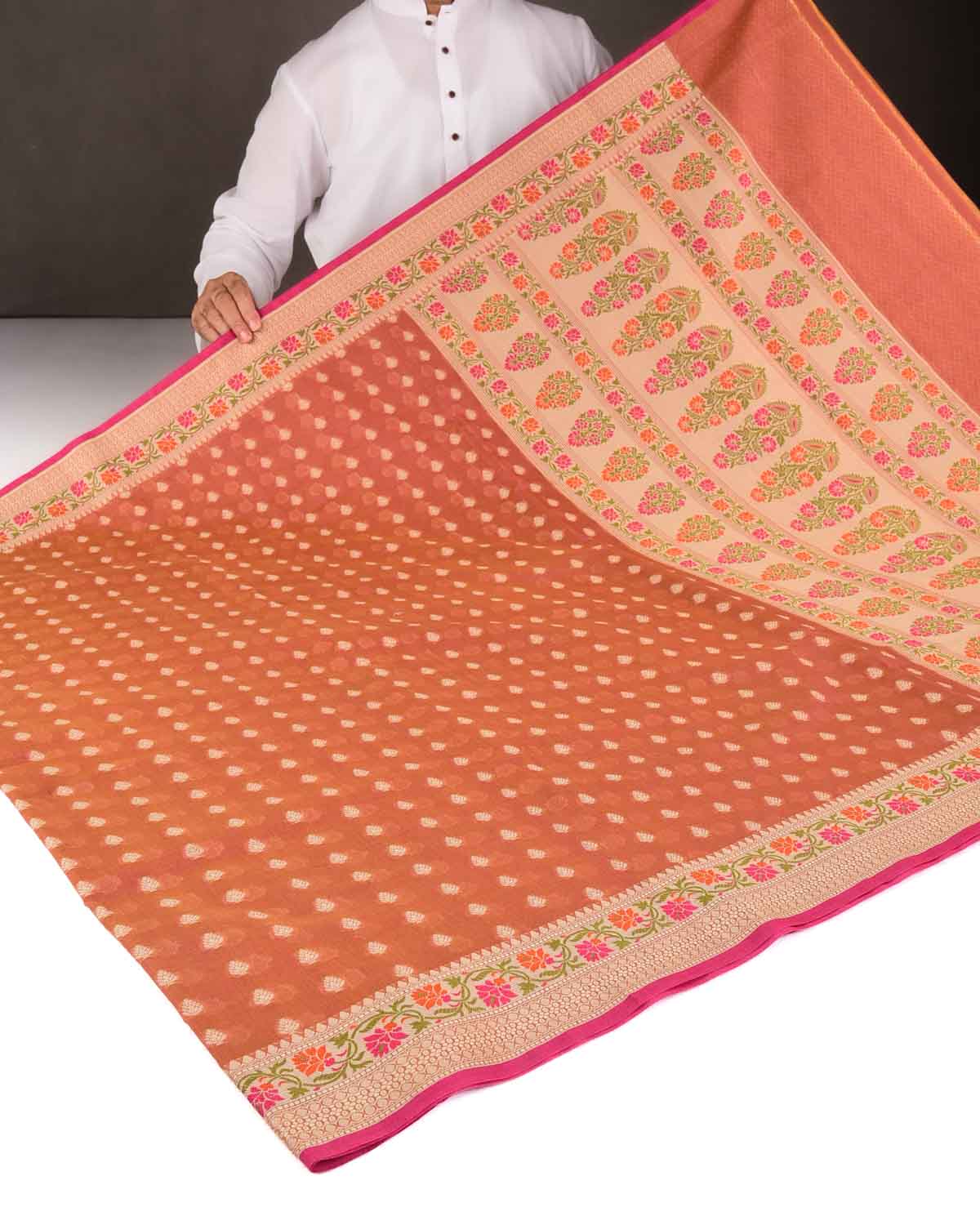 Reddish Brown Resham Buti Cutwork Brocade Woven Art Cotton Silk Banarasi Saree with Meenekari Border Pallu-HolyWeaves