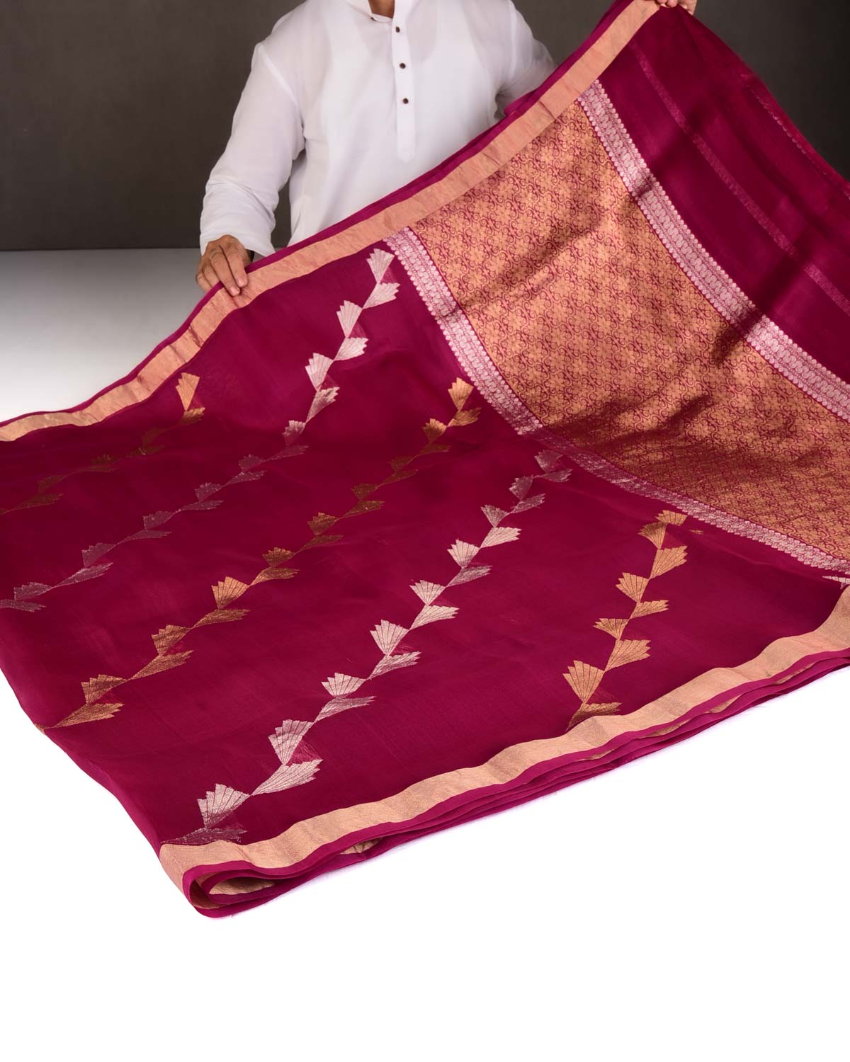 Magenta Gold & Silver Zari Wings Half-&-Half Kadhuan Brocade Handwoven Kora Silk Banarasi Saree
