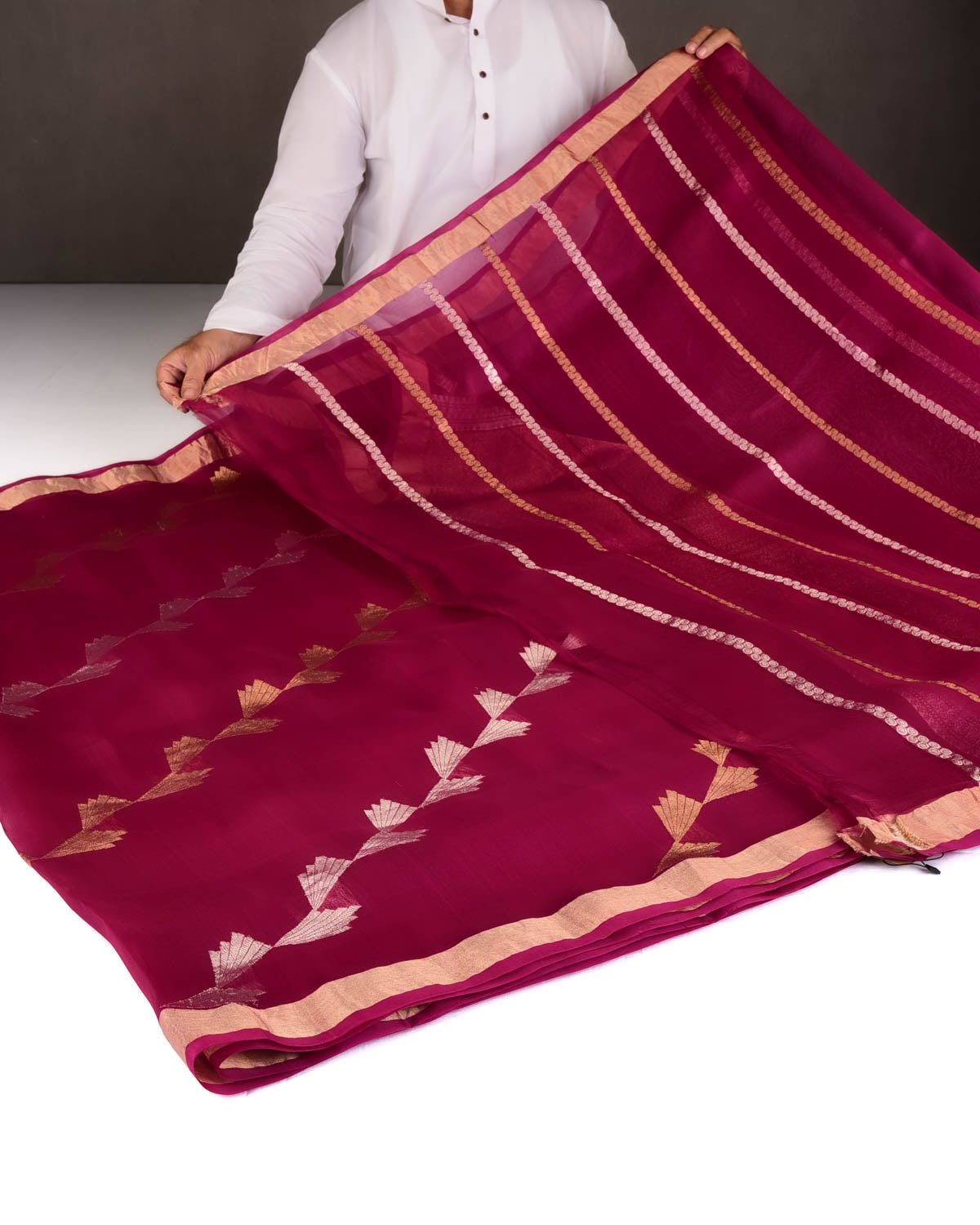 Magenta Gold & Silver Zari Wings Half-&-Half Kadhuan Brocade Handwoven Kora Silk Banarasi Saree
