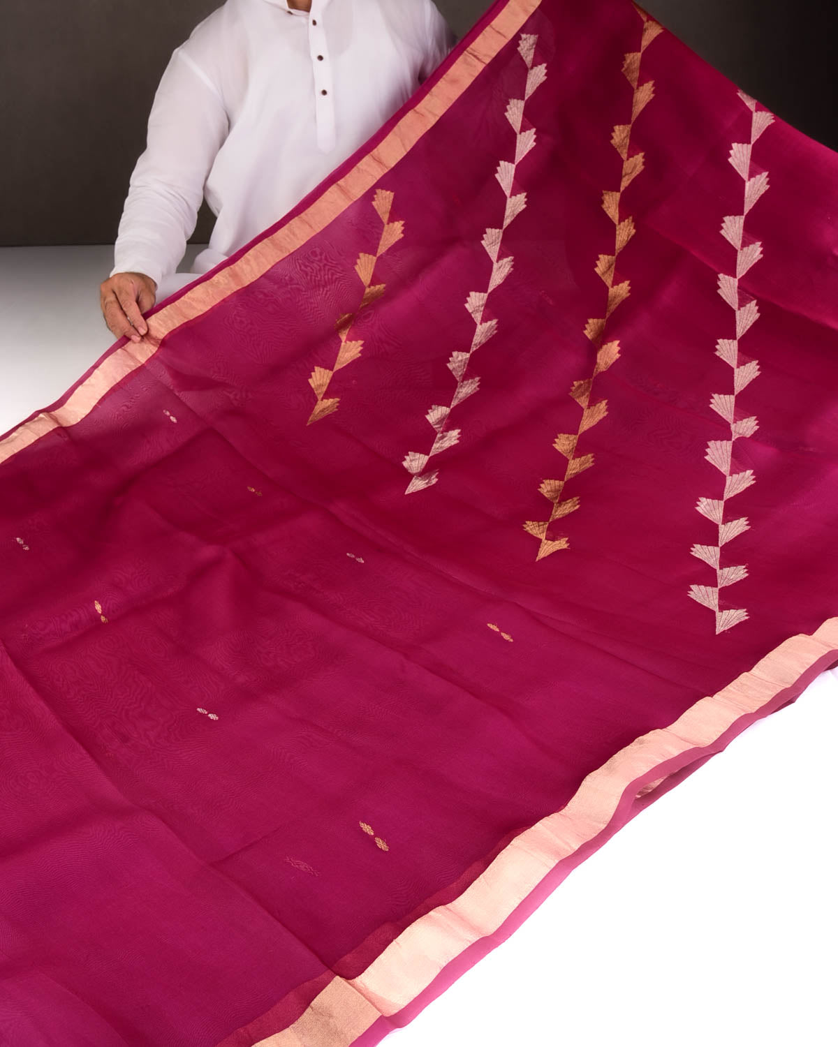 Magenta Gold & Silver Zari Wings Half-&-Half Kadhuan Brocade Handwoven Kora Silk Banarasi Saree