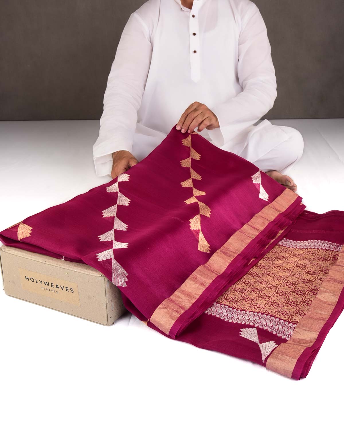 Magenta Gold & Silver Zari Wings Half-&-Half Kadhuan Brocade Handwoven Kora Silk Banarasi Saree