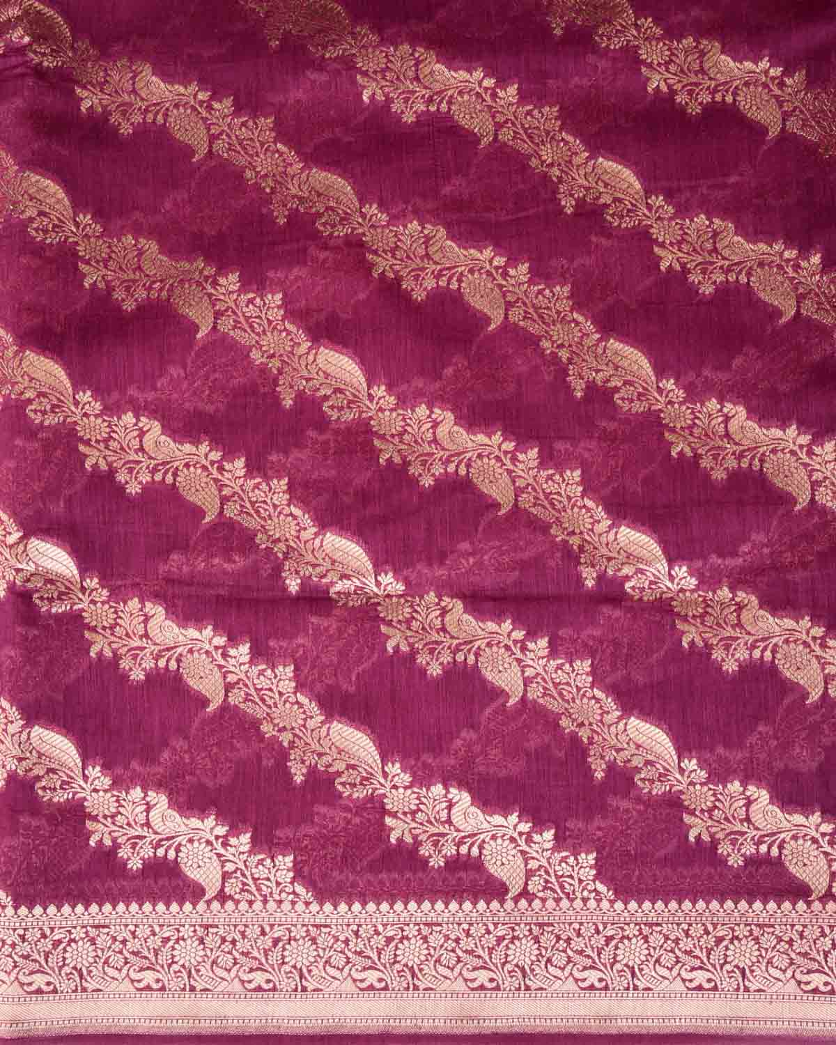 Byzantium Purple Leheriya Gold Zari Bel Cutwork Brocade Woven Cotton Silk Banarasi Saree-HolyWeaves