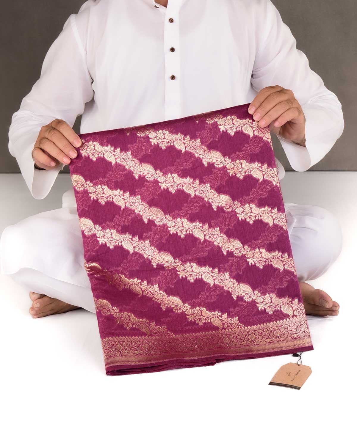 Byzantium Purple Leheriya Gold Zari Bel Cutwork Brocade Woven Cotton Silk Banarasi Saree-HolyWeaves