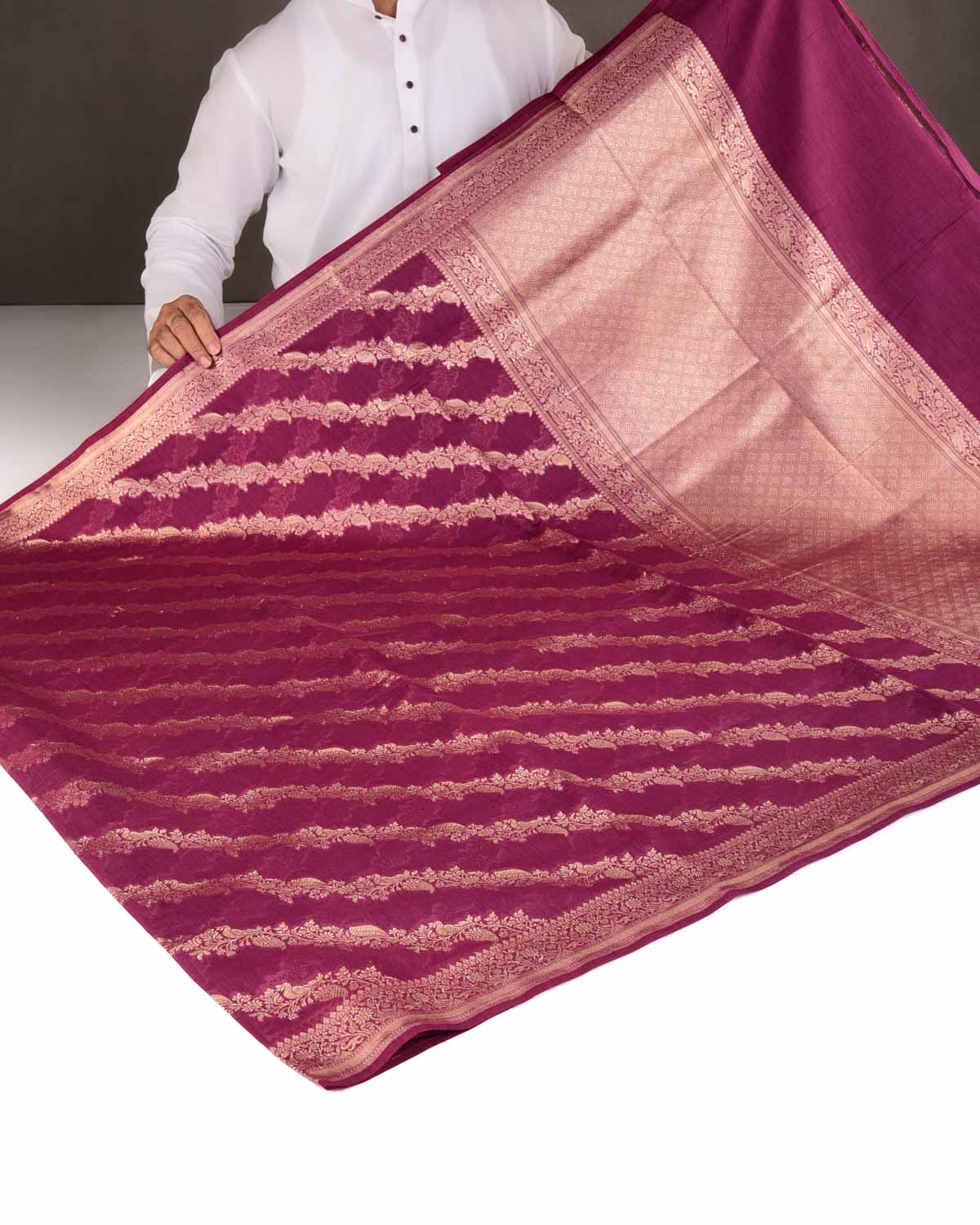 Byzantium Purple Leheriya Gold Zari Bel Cutwork Brocade Woven Cotton Silk Banarasi Saree-HolyWeaves
