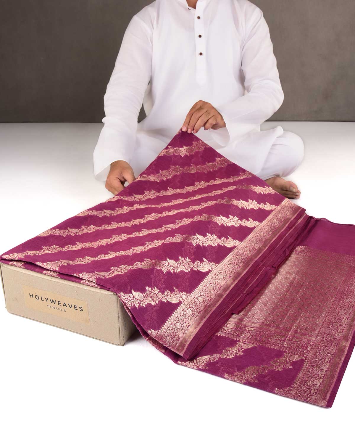 Byzantium Purple Leheriya Gold Zari Bel Cutwork Brocade Woven Cotton Silk Banarasi Saree-HolyWeaves