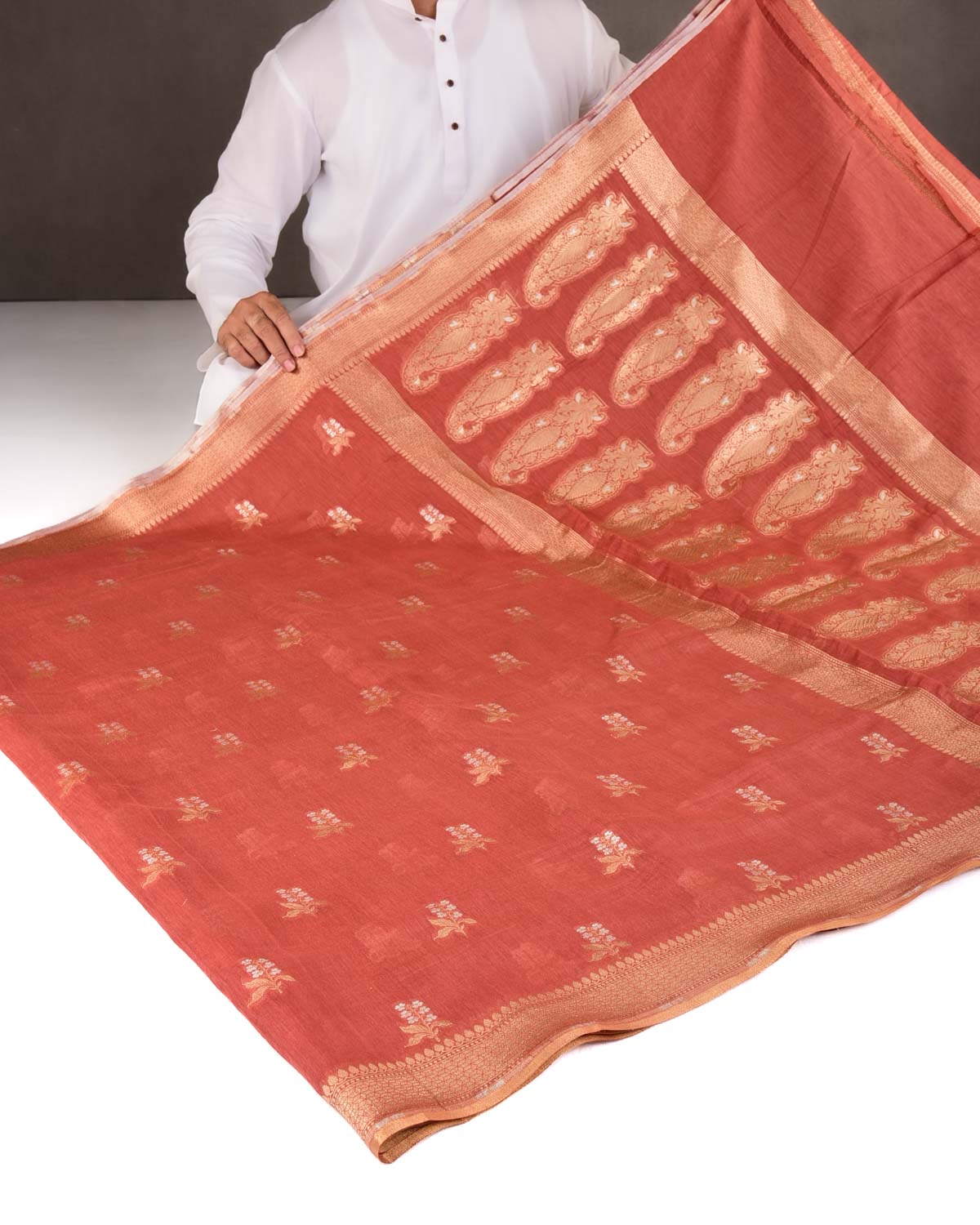 Rust Gold & Silver Zari Buti Cutwork Brocade Woven Cotton Silk Banarasi Saree-HolyWeaves