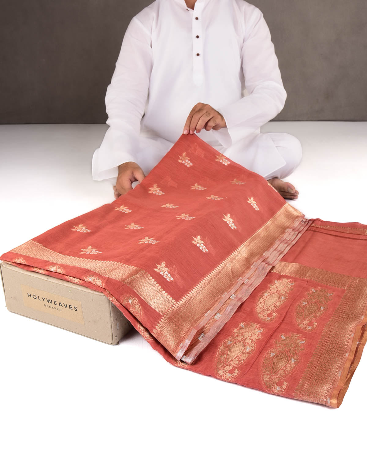 Rust Gold & Silver Zari Buti Cutwork Brocade Woven Cotton Silk Banarasi Saree-HolyWeaves