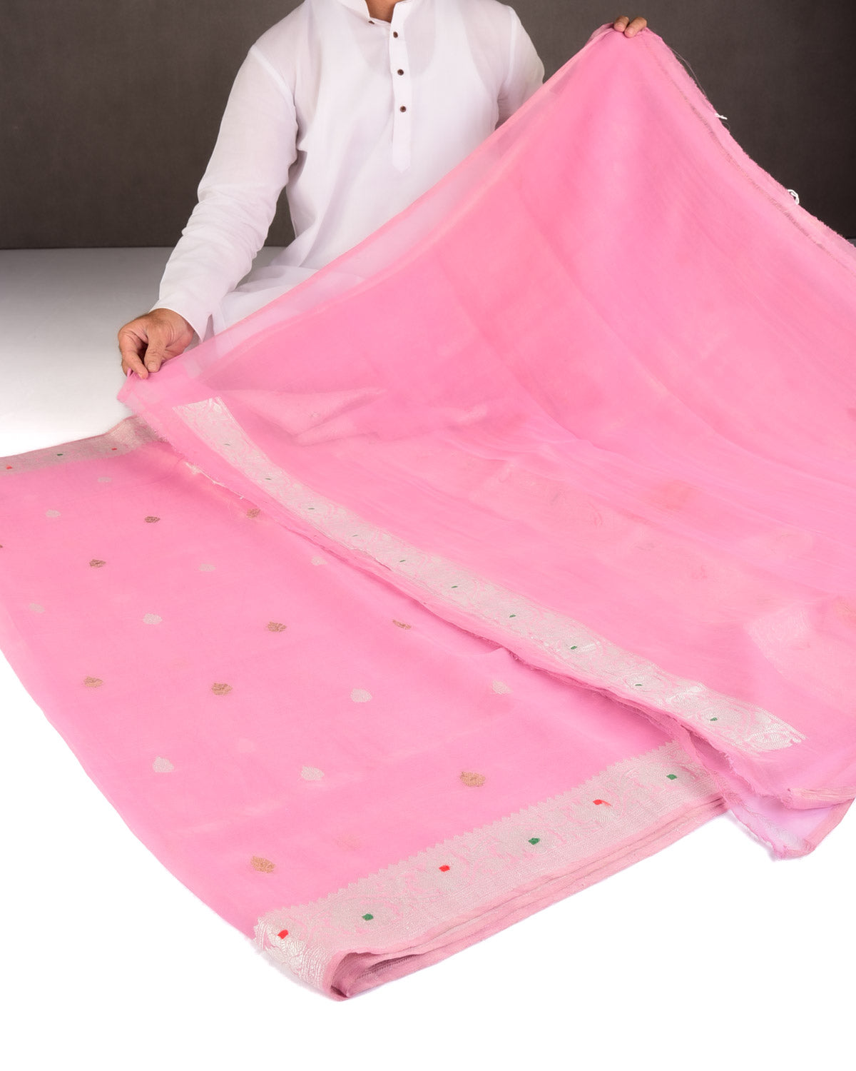 Metallic Pink Gold & Silver Zari Buti Kadhuan Brocade Handwoven Tissue Georgette Banarasi Saree with Meenekari Border Pallu