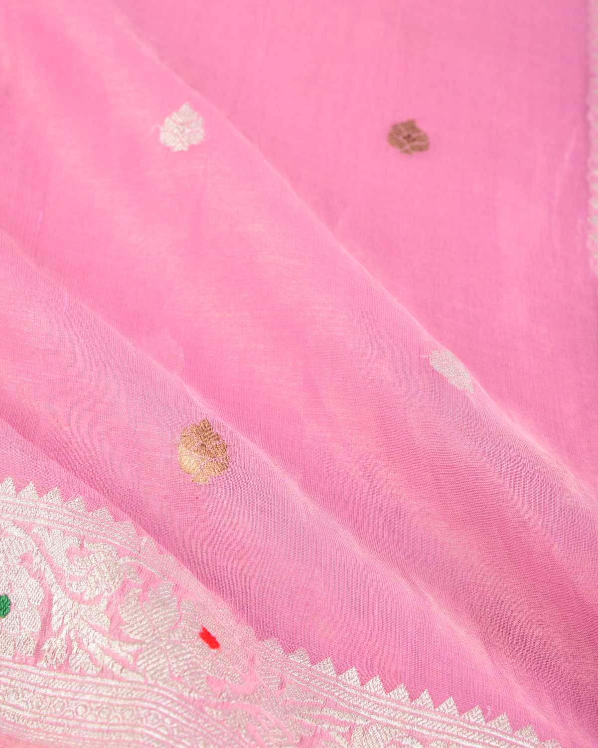 Metallic Pink Gold & Silver Zari Buti Kadhuan Brocade Handwoven Tissue Georgette Banarasi Saree with Meenekari Border Pallu